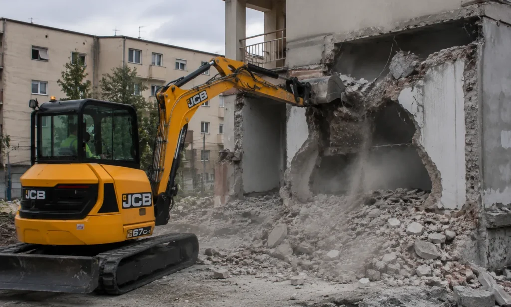Mini bager JCB ruši armirano-betonski zid tokom radova na rušenju objekta u Beogradu