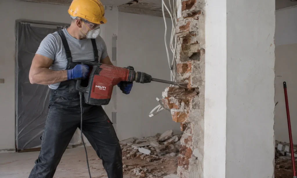 Radnik ruši unutrašnji zid Hilti električnim čekićem tokom radova na rušenju u Beogradu